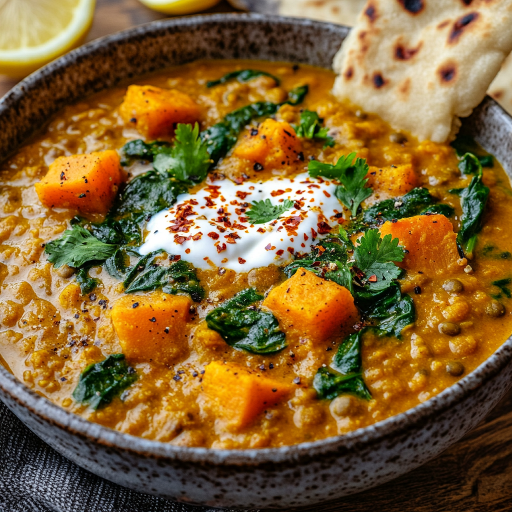 Turmeric Ginger Lentil Stew with Spinach and Coconut Milk