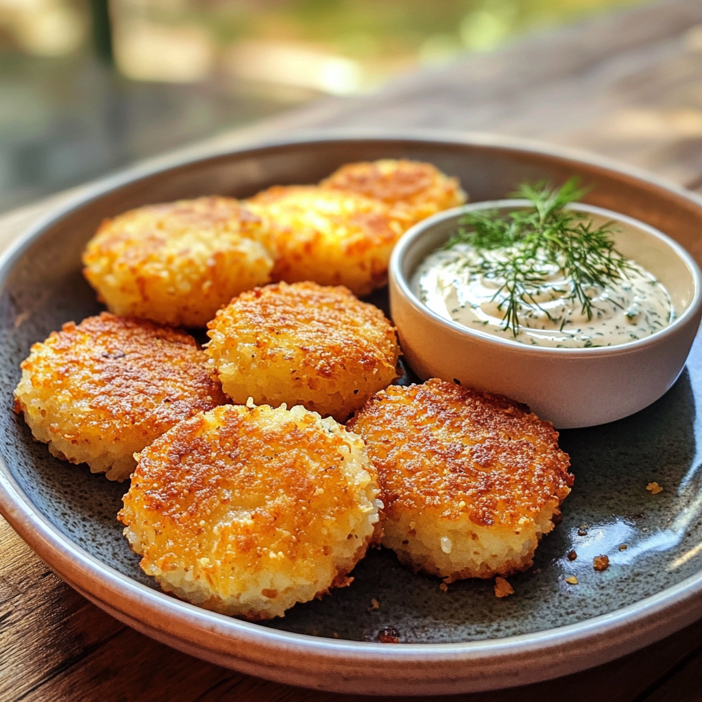 Crispy Golden Rice & Potato Patties with Creamy Garlic-Dill Sauce