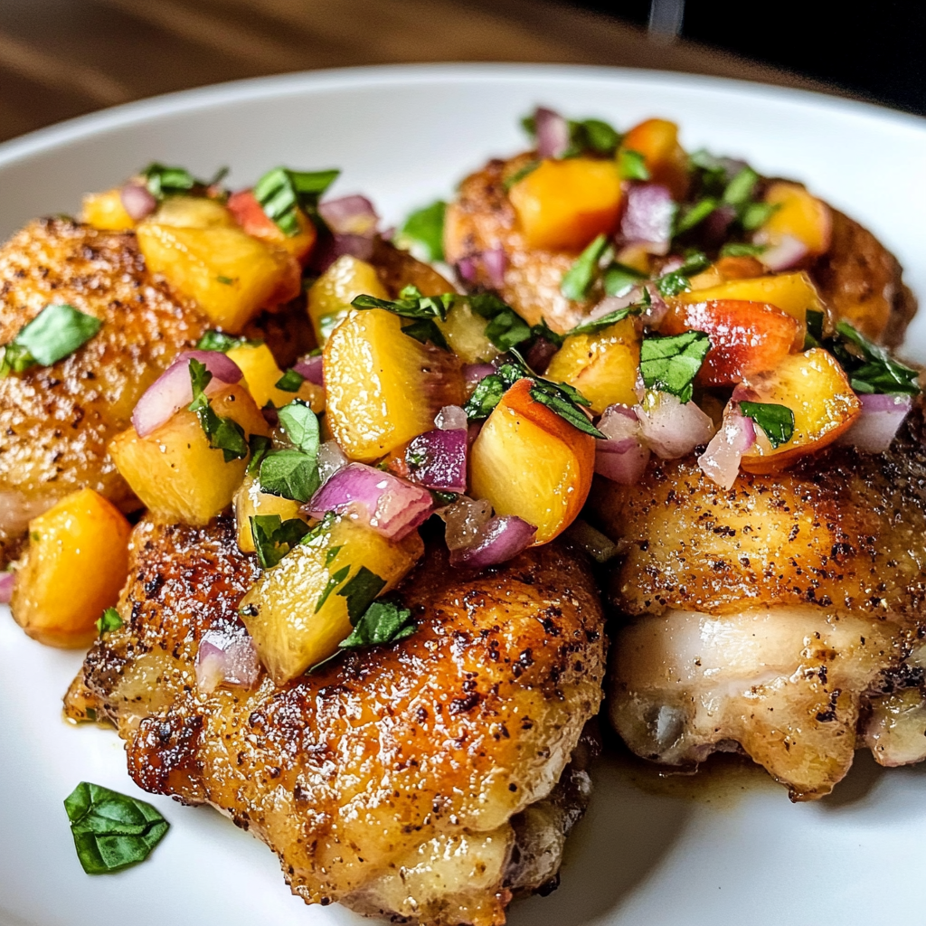 Crispy Chicken Thighs with Peach Basil Salsa